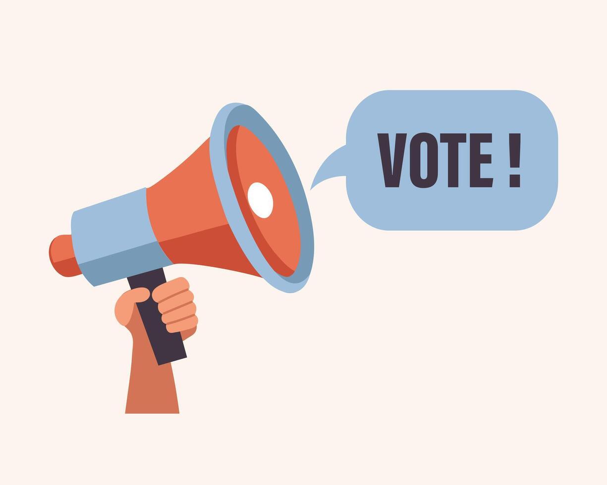 Megaphone, loudspeaker in hand. Voting and elections campaign concept. Flat style illustration vector