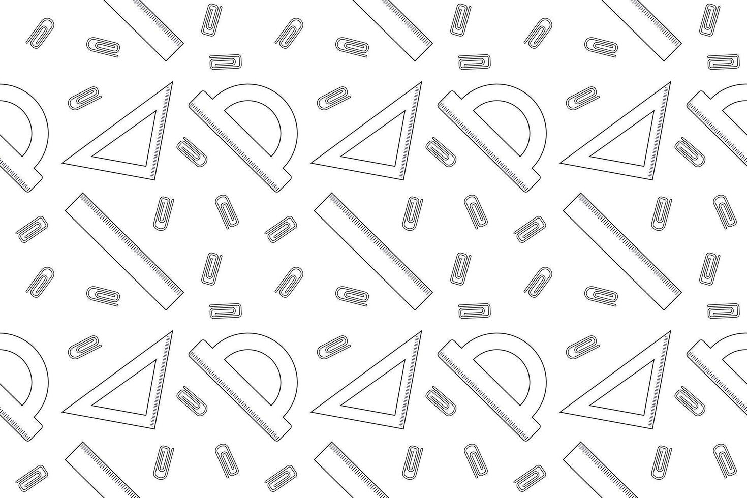 Black and white seamless pattern featuring rulers, protractors, triangles, and paper clips. Ideal for back-to-school themed coloring activities. vector