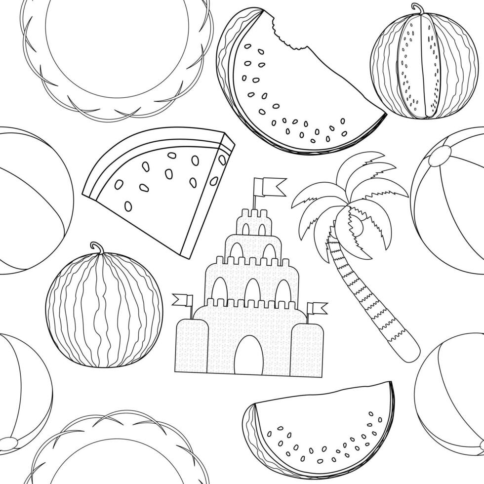Enjoy a detailed summer beach-themed coloring page featuring watermelons, sandcastles, beach balls, and palm trees. vector