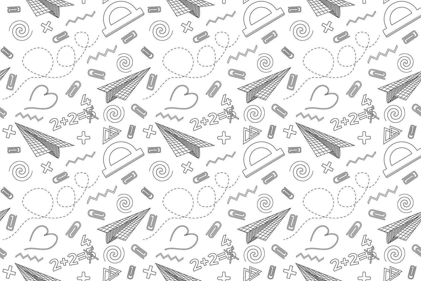 Seamless back to school coloring page with paper planes, math symbols, and school supplies on a white background. vector