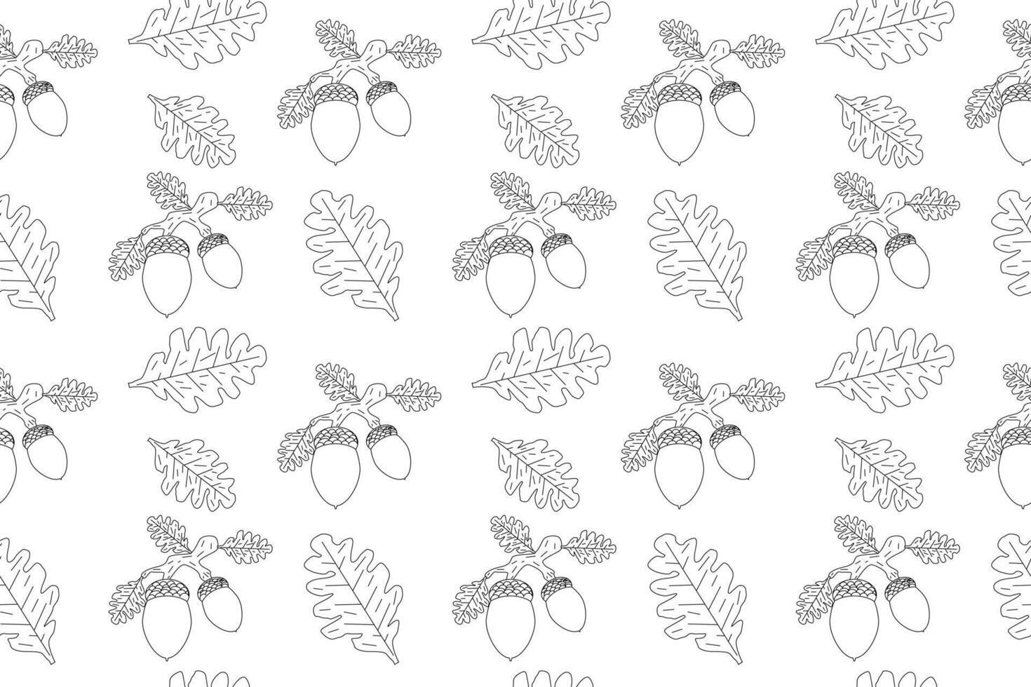 Seamless pattern of acorns and oak leaves in black and white. Ideal for coloring pages, autumn designs, and craft projects. vector