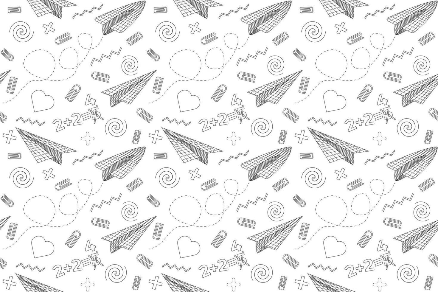 Fun doodle pattern with paper airplanes, math symbols, and school supplies. Perfect for back to school coloring pages and educational designs. vector