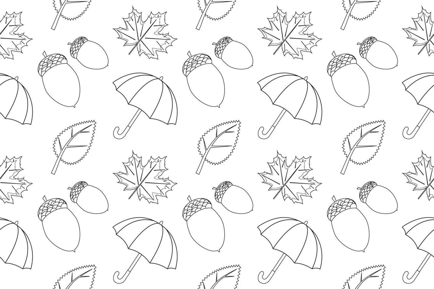 A charming autumn-themed coloring page featuring umbrellas, acorns, and leaves. Perfect for seasonal coloring fun and relaxation. vector