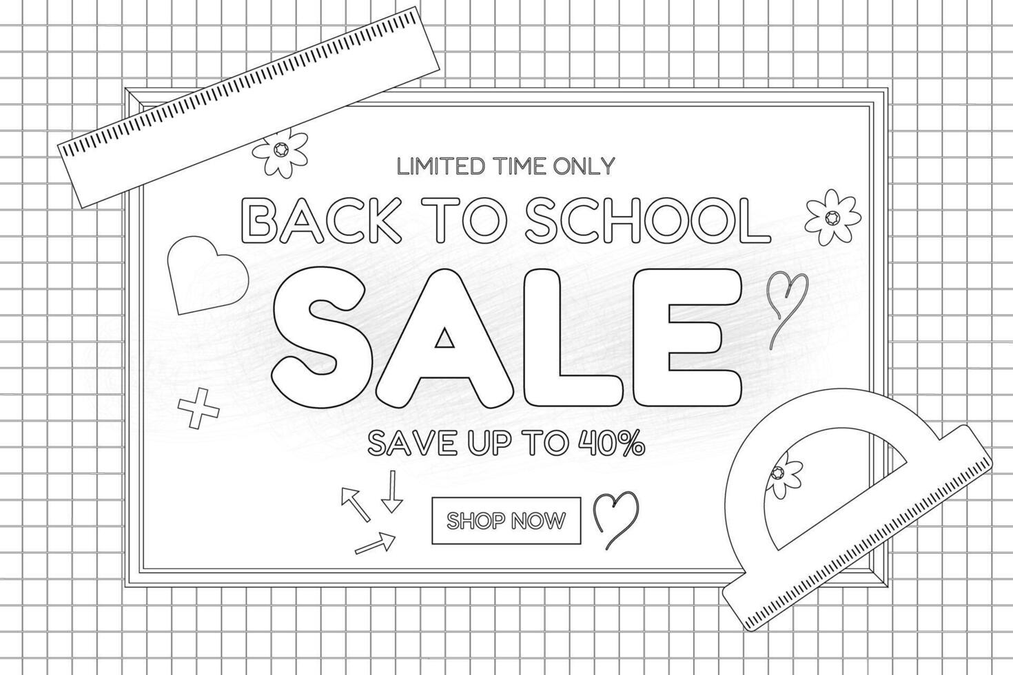 Monochrome back-to-school sale banner designed as a coloring page, featuring doodles, rulers, and creative elements on a grid background. vector