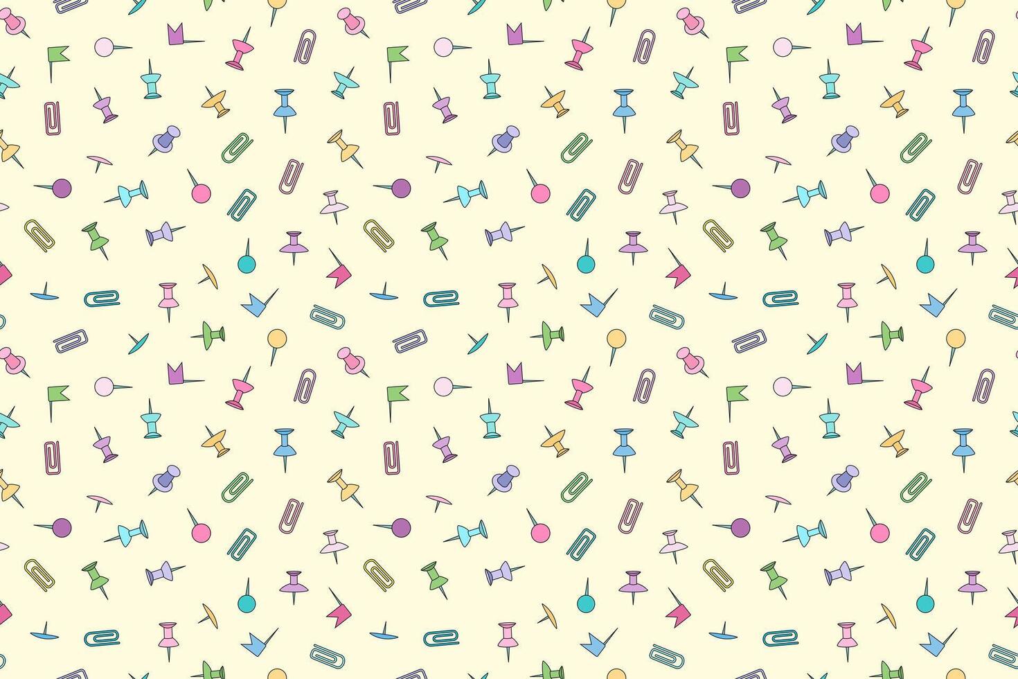 Colorful seamless pattern featuring various stationery items such as pushpins, paper clips, and flags. Perfect for back-to-school designs. vector