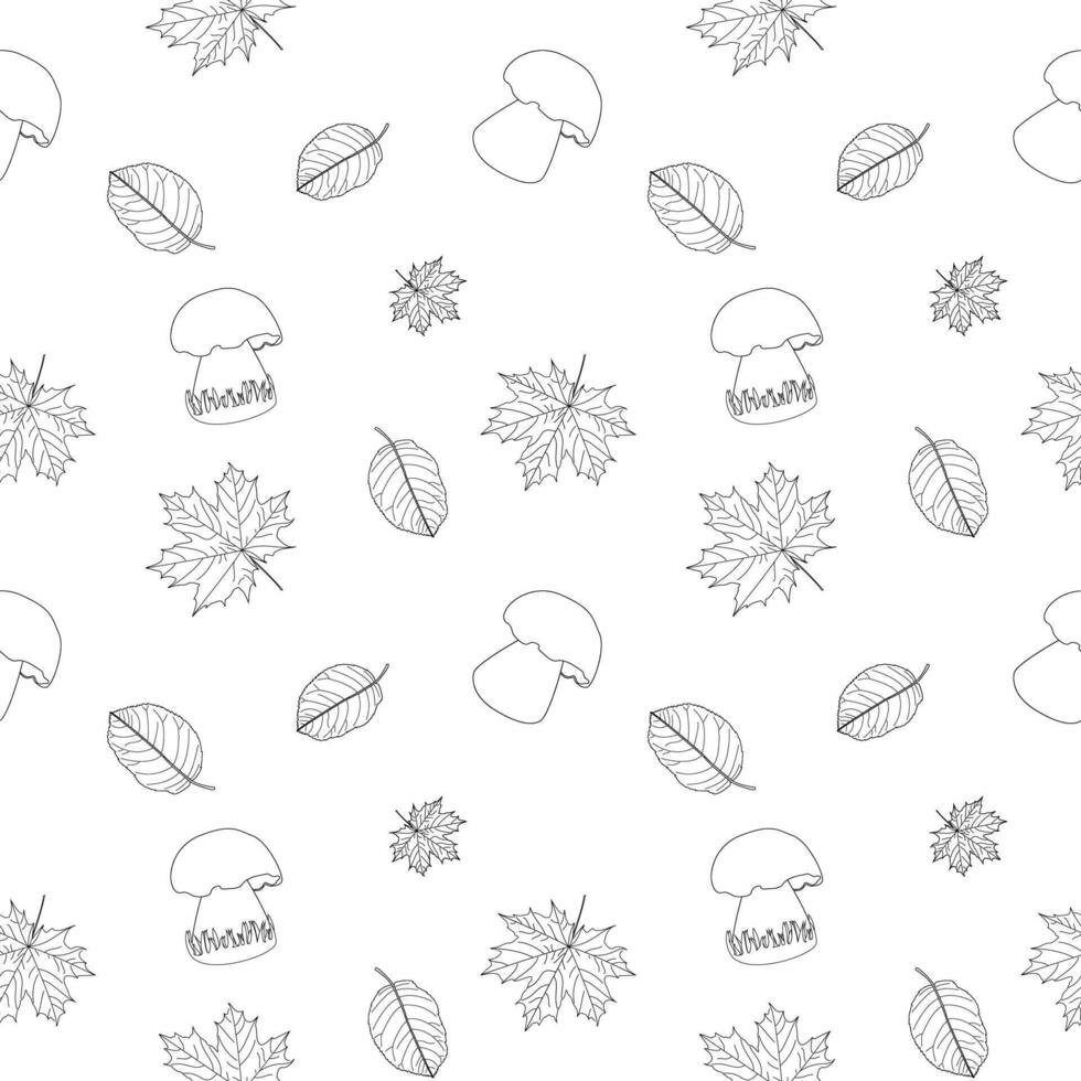 Beautiful autumn-themed coloring page with leaves and mushrooms. Perfect for kids and adults. Enjoy a relaxing and creative activity. vector