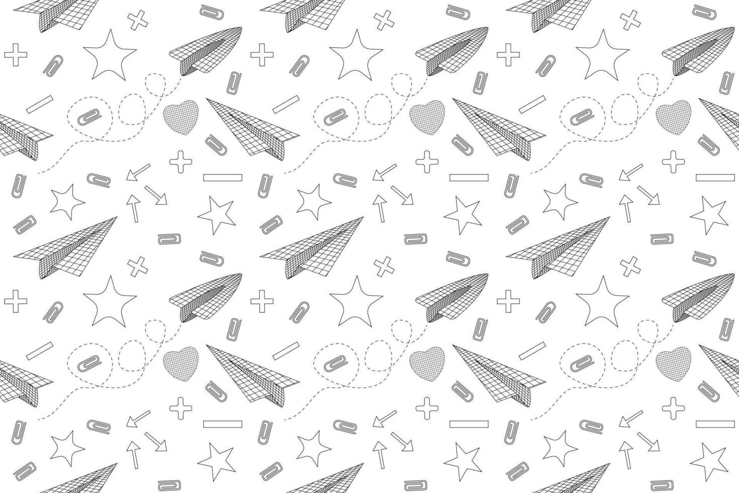 Seamless pattern with paper airplanes, school supplies, and geometric shapes, perfect for back-to-school coloring pages. vector