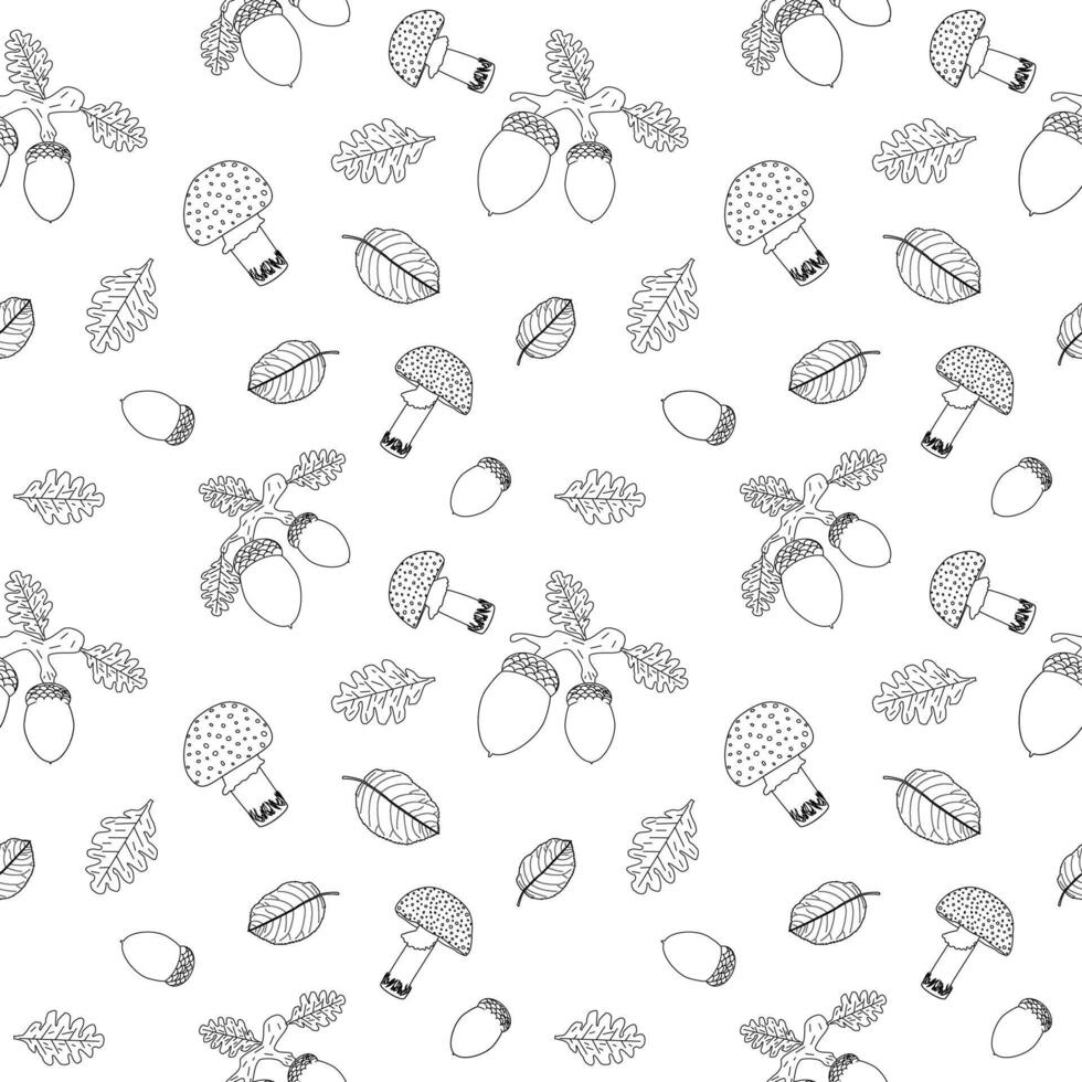 A seamless pattern featuring oak leaves, acorns, and mushrooms in a simple outline design perfect for coloring activities. vector