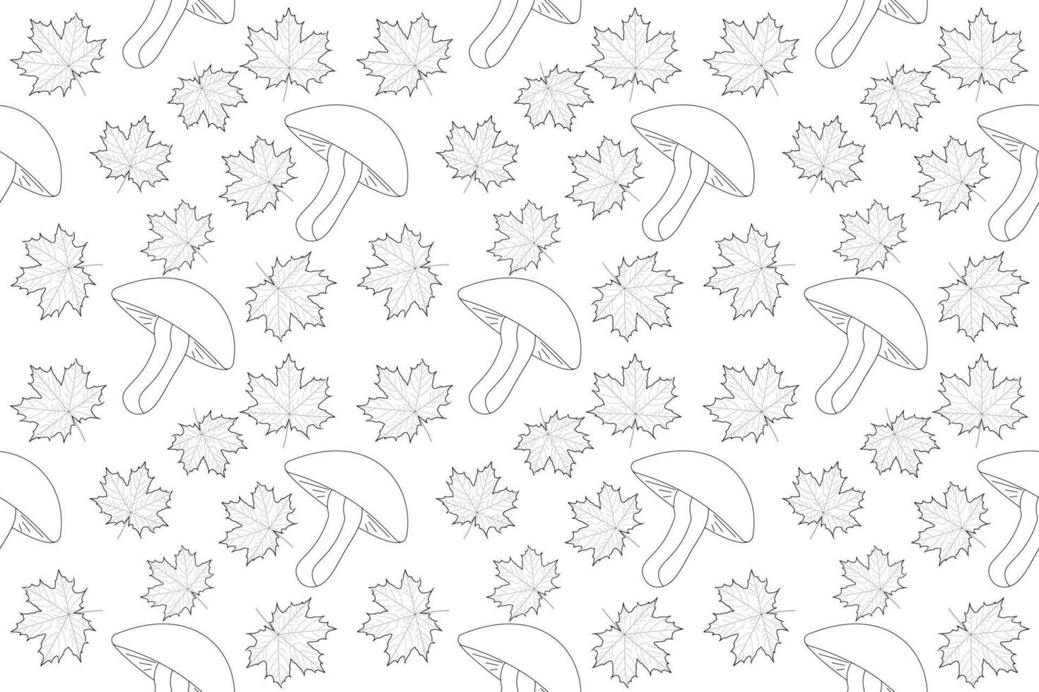 Enjoy coloring this seamless pattern of autumn leaves and mushrooms. Perfect for fall-themed projects and creative relaxation. vector
