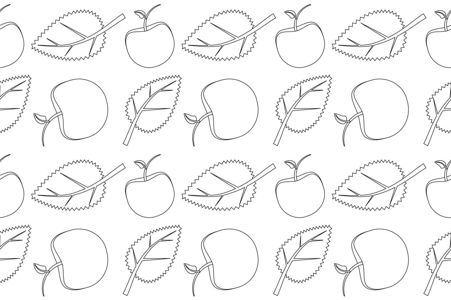 Coloring page featuring a seamless pattern of apples and leaves in a black and white outline, perfect for autumn creativity. vector