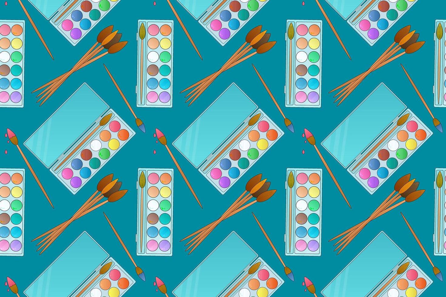 Seamless pattern featuring watercolor sets and paintbrushes. Ideal for back-to-school designs, stationery, and education themes. vector