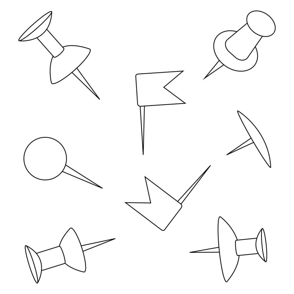 Black and white push pins and flags illustration for back-to-school coloring pages. Perfect for educational activities and creative projects. vector