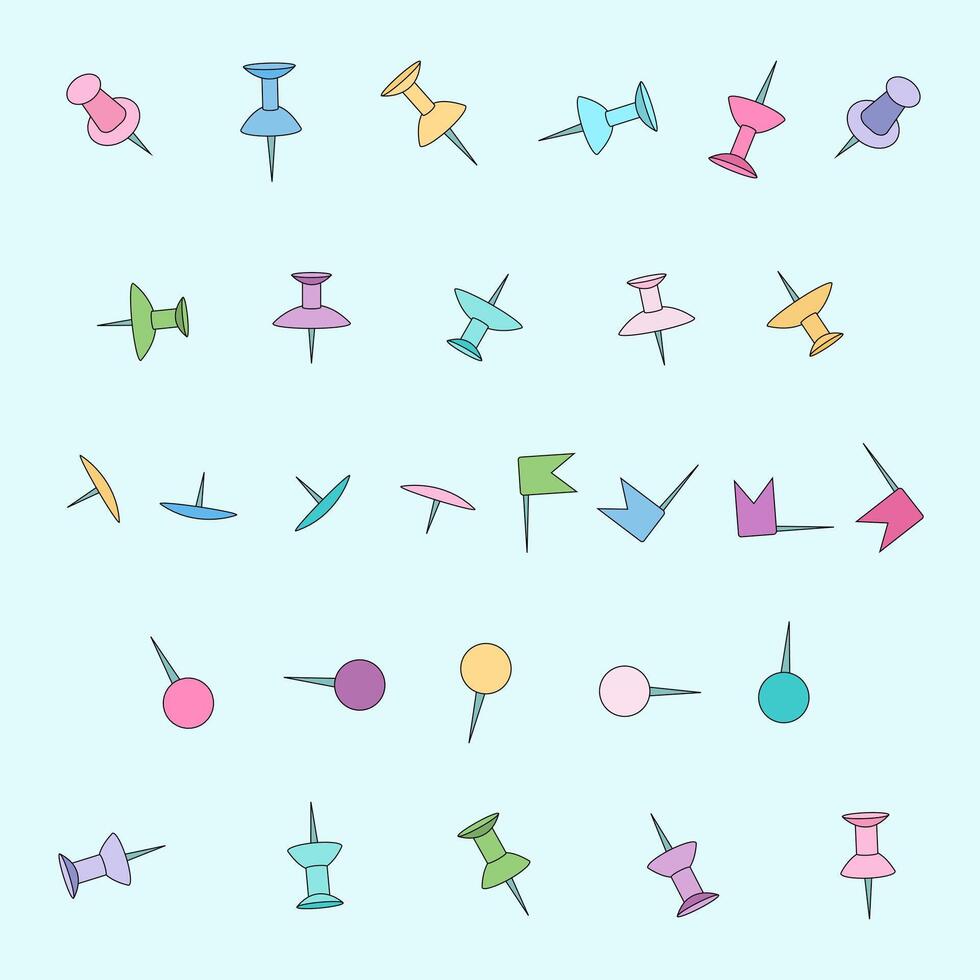 A vibrant collection of colorful push pins, ideal for school or office supplies. Perfect for organizing tasks and notes. vector