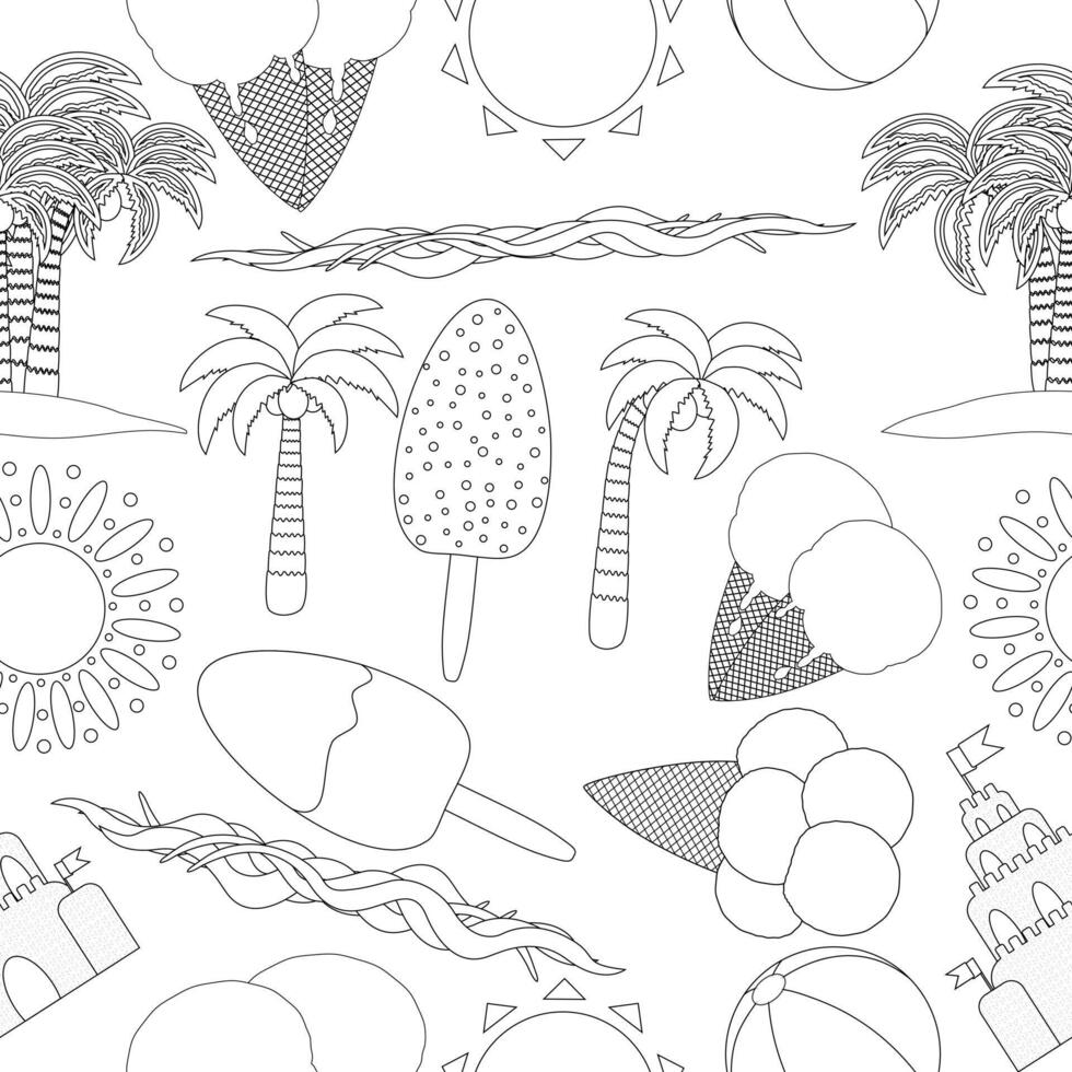 Enjoy a fun and creative summer with this detailed coloring page featuring beach scenes, ice cream, and palm trees. vector