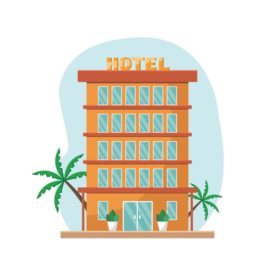 A comfortable modern hotel with palm trees in the background. vector