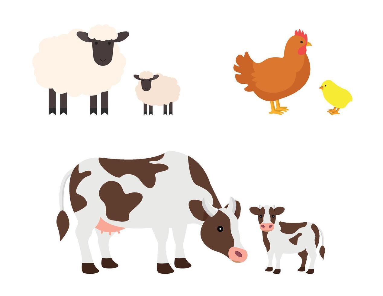 Cute farm animals set on white background. Cow, chiken, sheep. vector