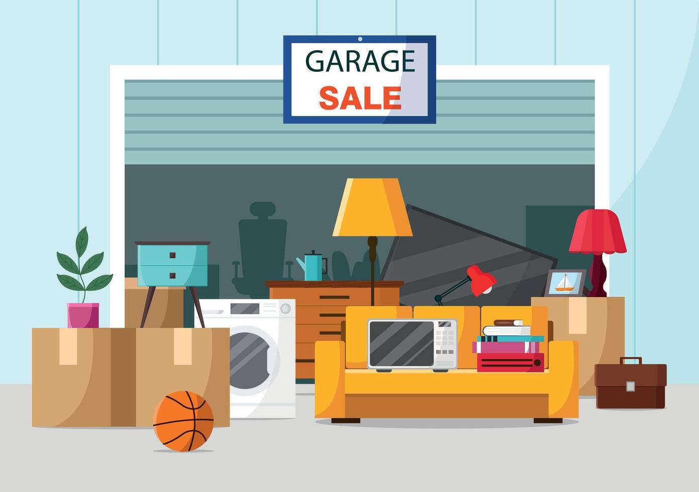 Garage sale concept. Set of different items and furniture. vector