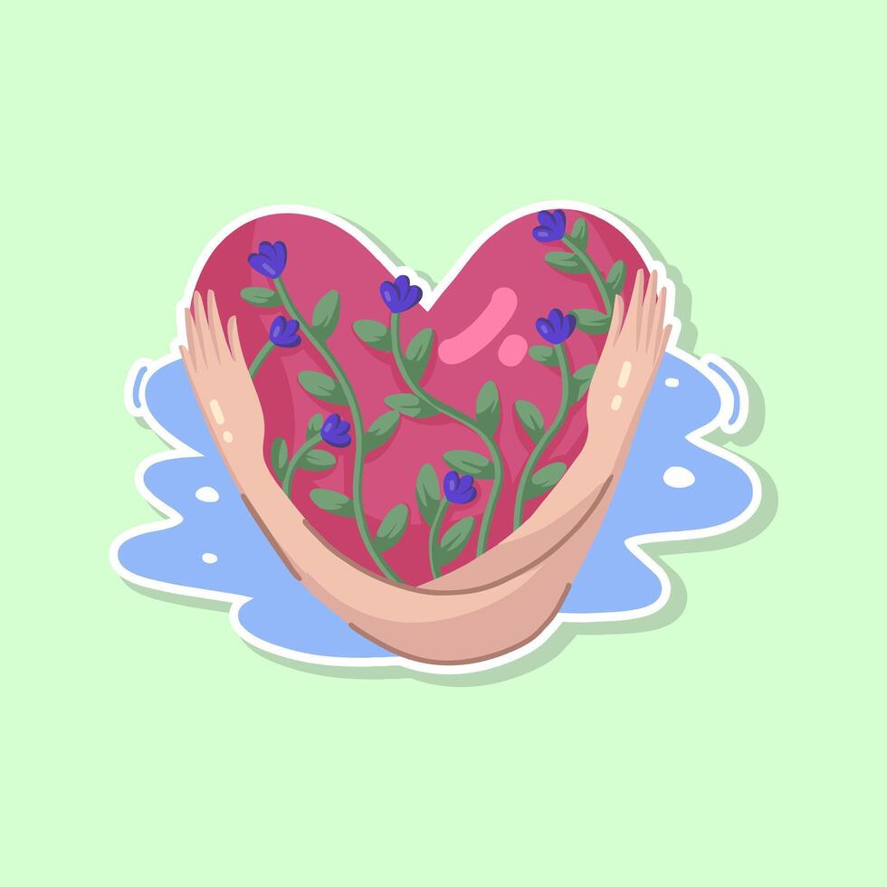 heart illustration with hand and flower vector
