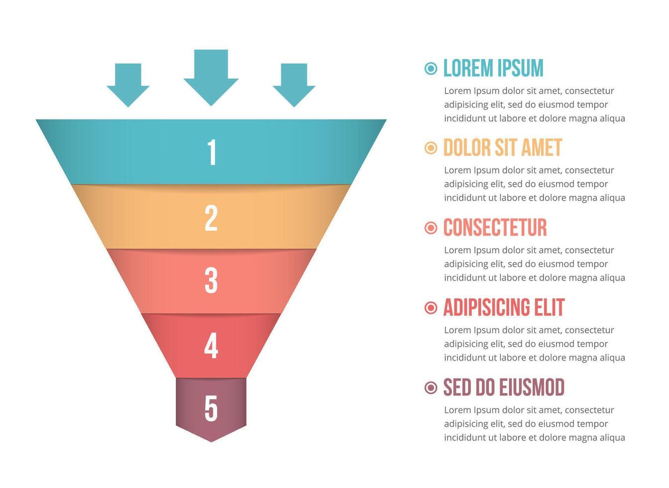 Funnel diagram with 5 elements, infographic template vector