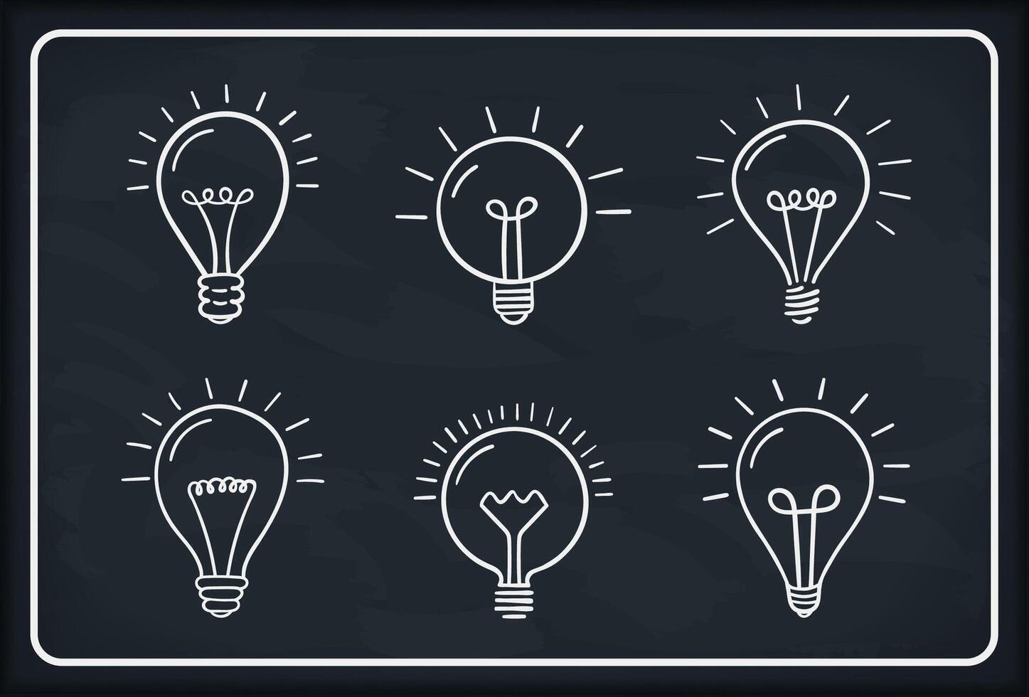 Set of 6 hand drawn lightbulbs on blackboard background, idea, solution concept vector
