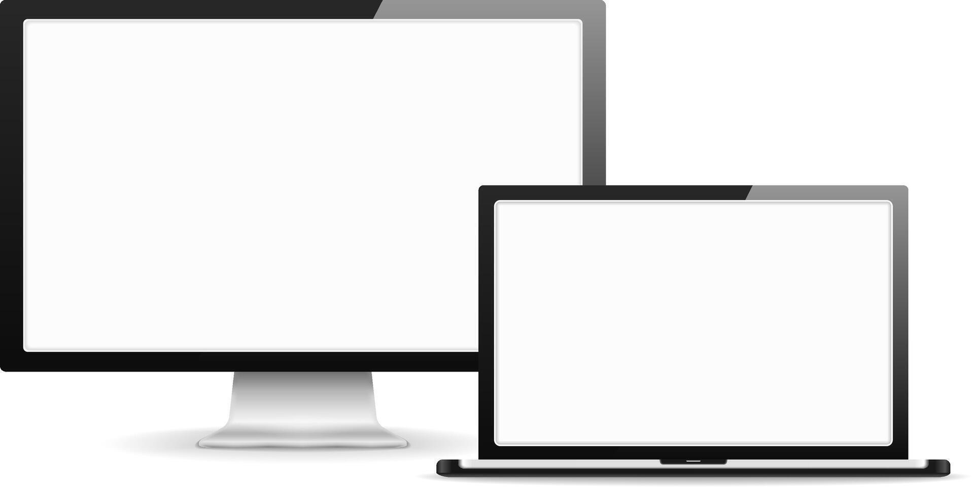 Computer monitor and laptop with blank white screens vector
