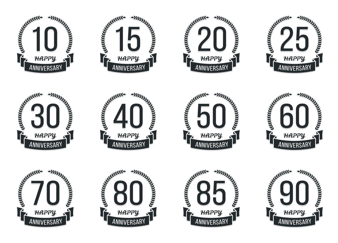 Set of 12 anniversary emblems with laurel wreaths vector