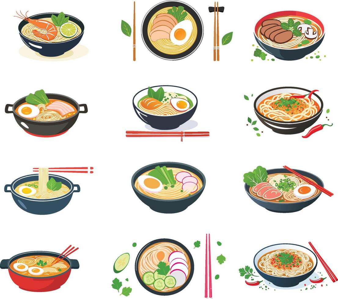 colorful ramen illustration set vector