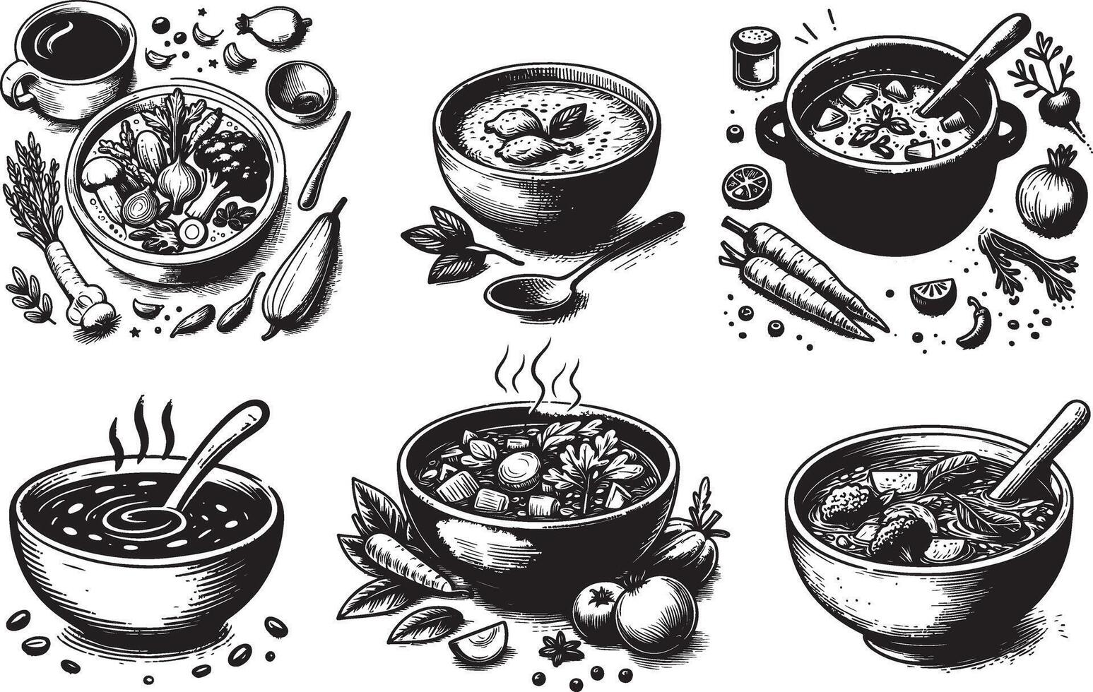 hand drawn silhouette vegetable soup illustration set vector