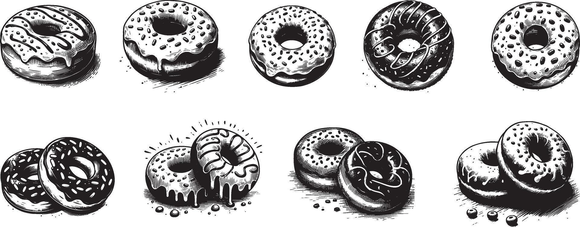 hand drawn donut ink sketch illustration set vector