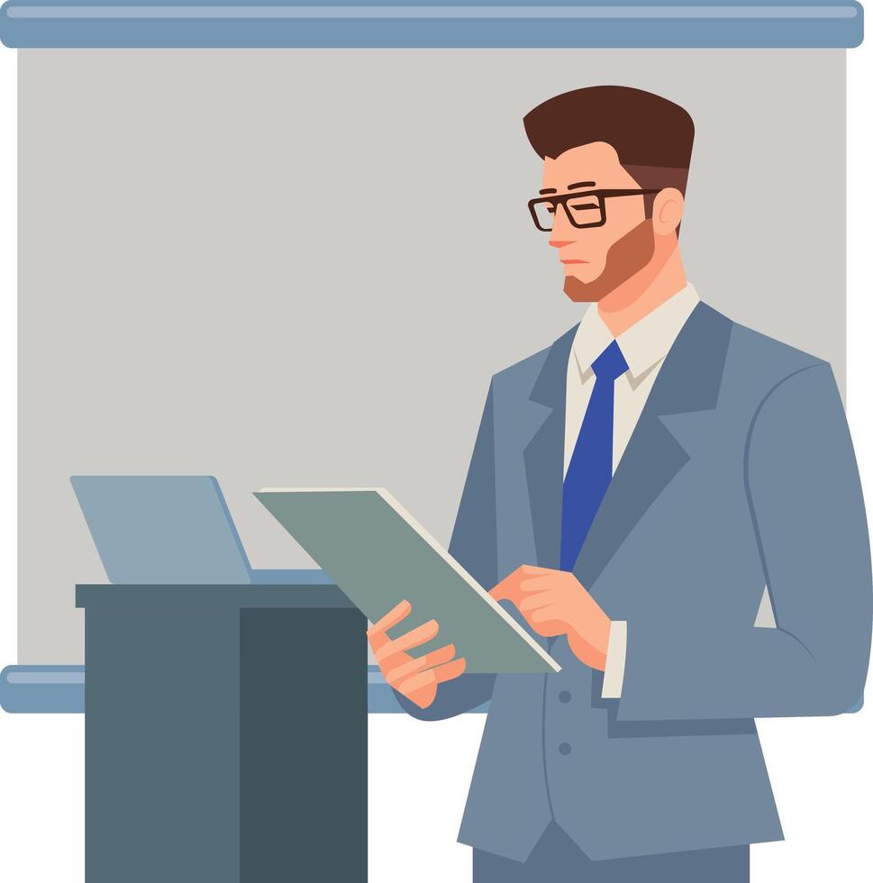 Smart young business man hand pointing on document presenting with empty space backdrop screen flat design illustration vector