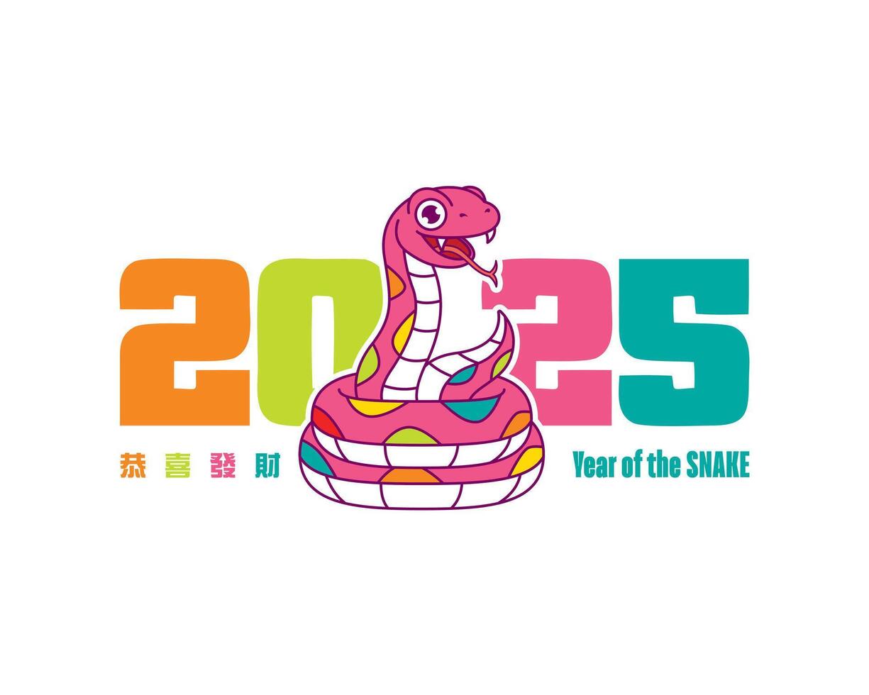 Happy Chinese New Year 2025. Cartoon happy snake with 2025 year words. Year of the snake vector