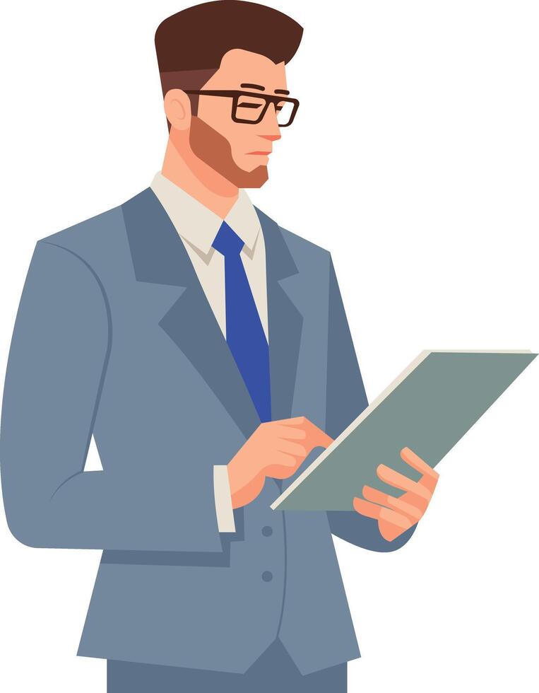 Smart young business man hand pointing on document flat design illustration vector