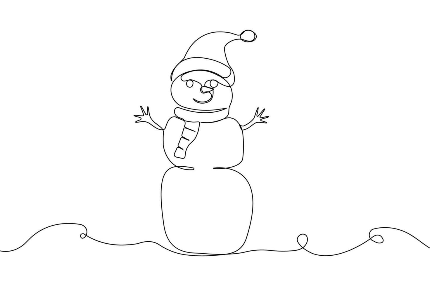 Hand-drawn happy snowman wearing hat and scarf line art. vector