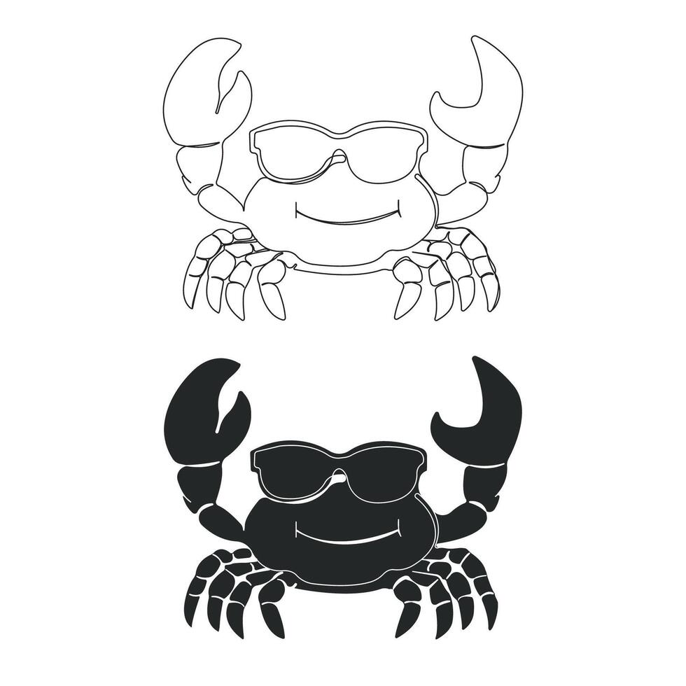 Hand-drawn Crab wearing sunglasses outline isolated on white background. vector