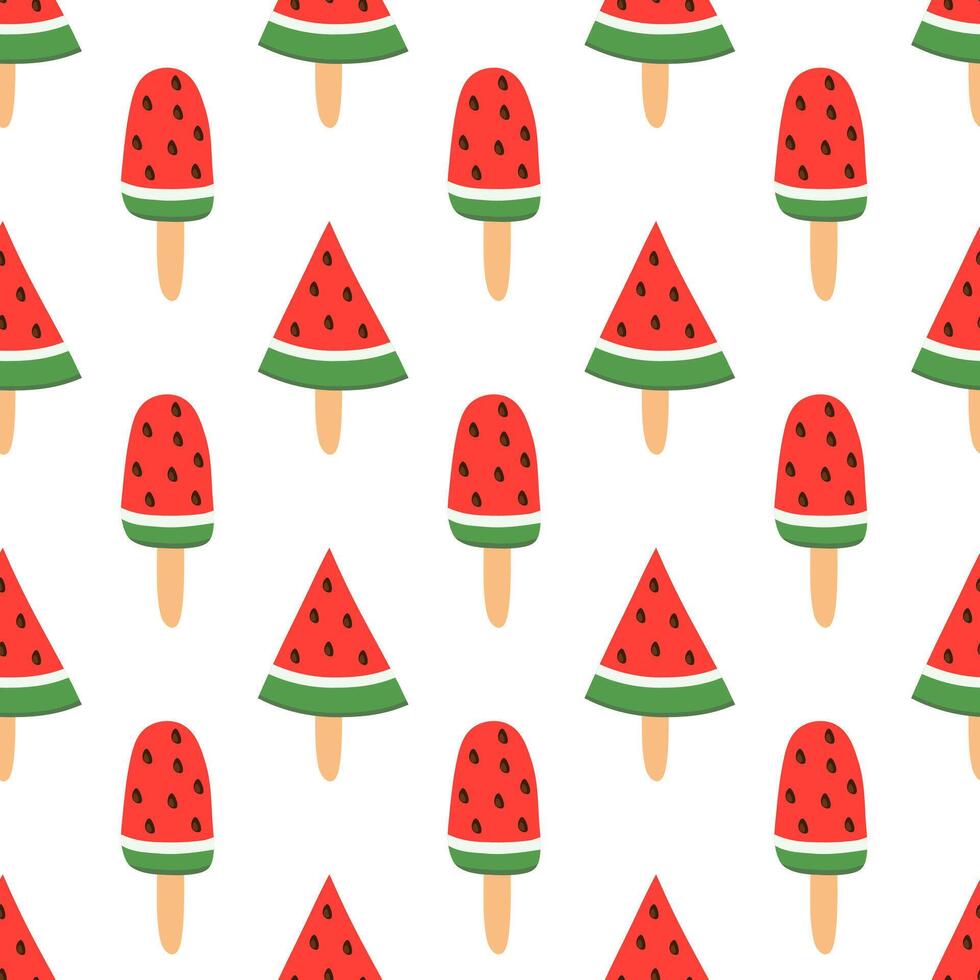 Seamless pattern with Ice cream watermelon on stick. Summer time sweet food background. Fruit Wallpaper. Flat illustration. vector
