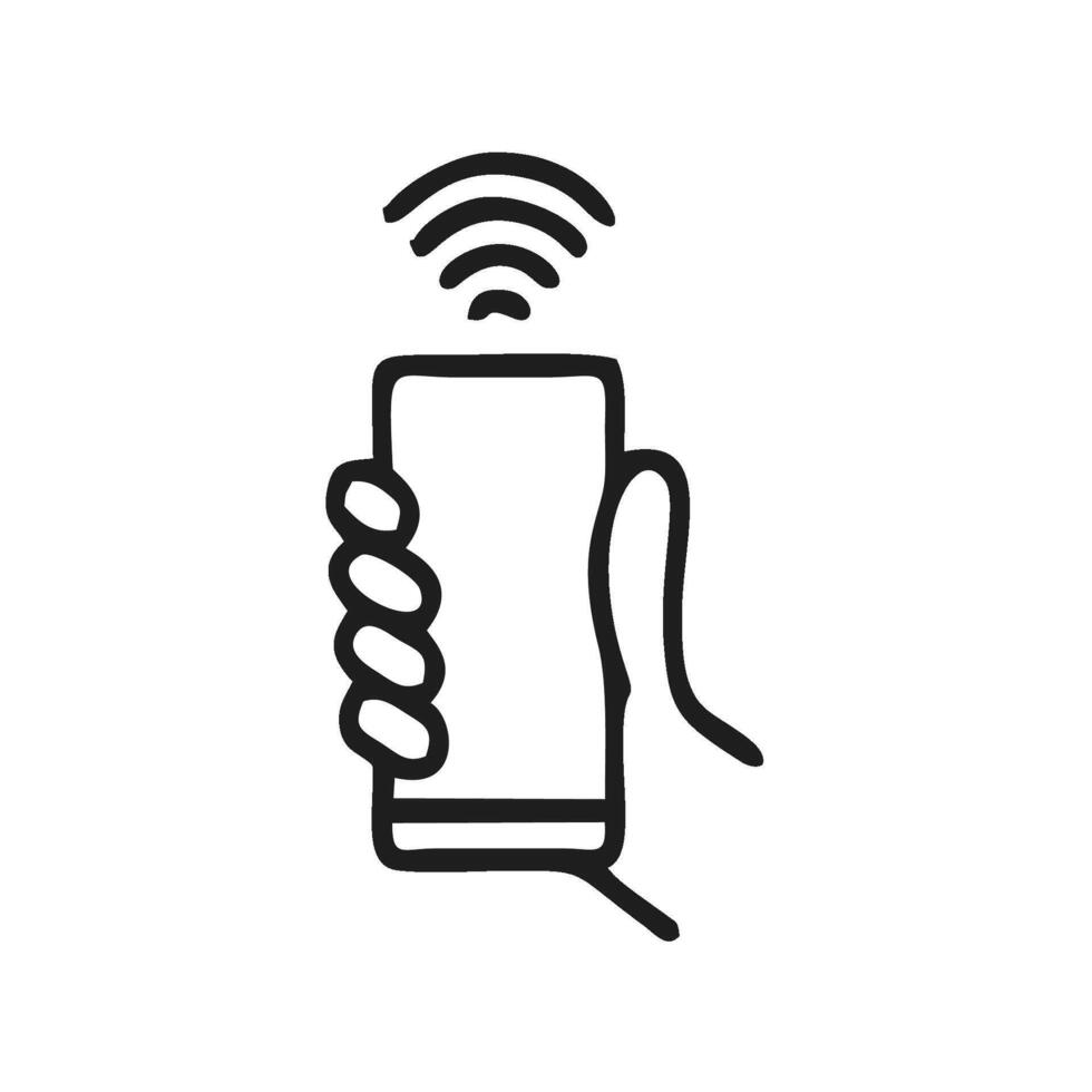 a hand holding a phone with a wifi symbol vector