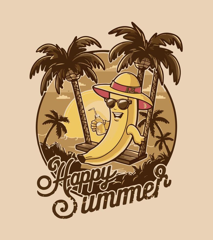 a t-shirt design for a banana that says happy summer in a tropical world. vector