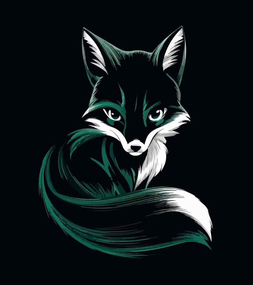 a black and green picture of a black and white cat with a green tail. vector