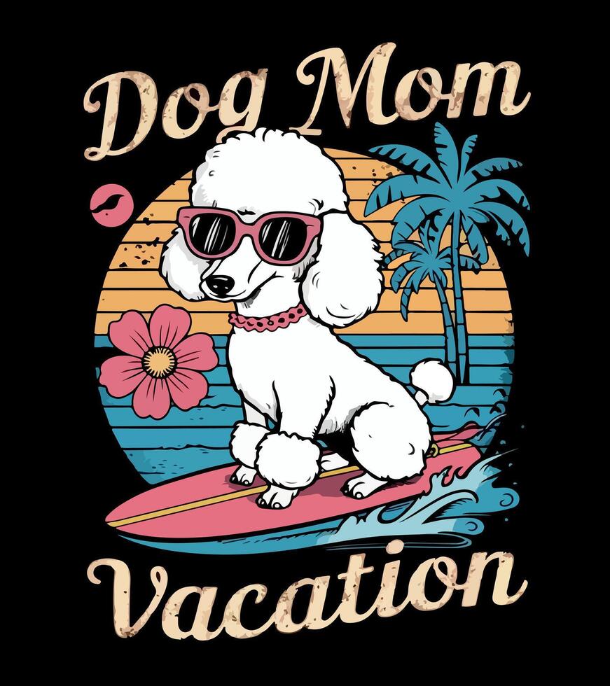 a dog is sitting on a surfboard with a palm tree in the background. vector