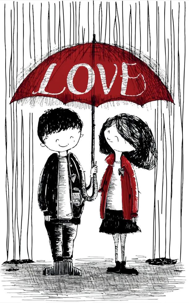 a drawing of a couple holding an umbrella that says love on it. vector