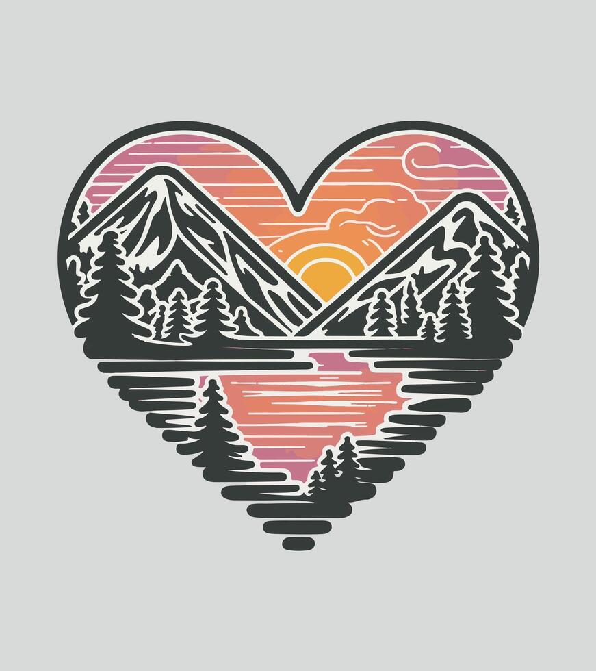 a heart with mountains and trees in the background vector
