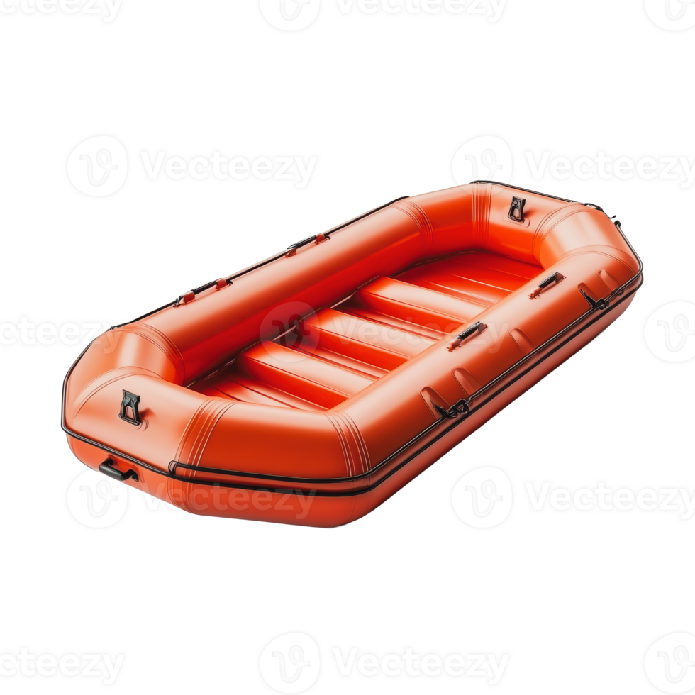 Bright orange inflatable raft on a calm lake png