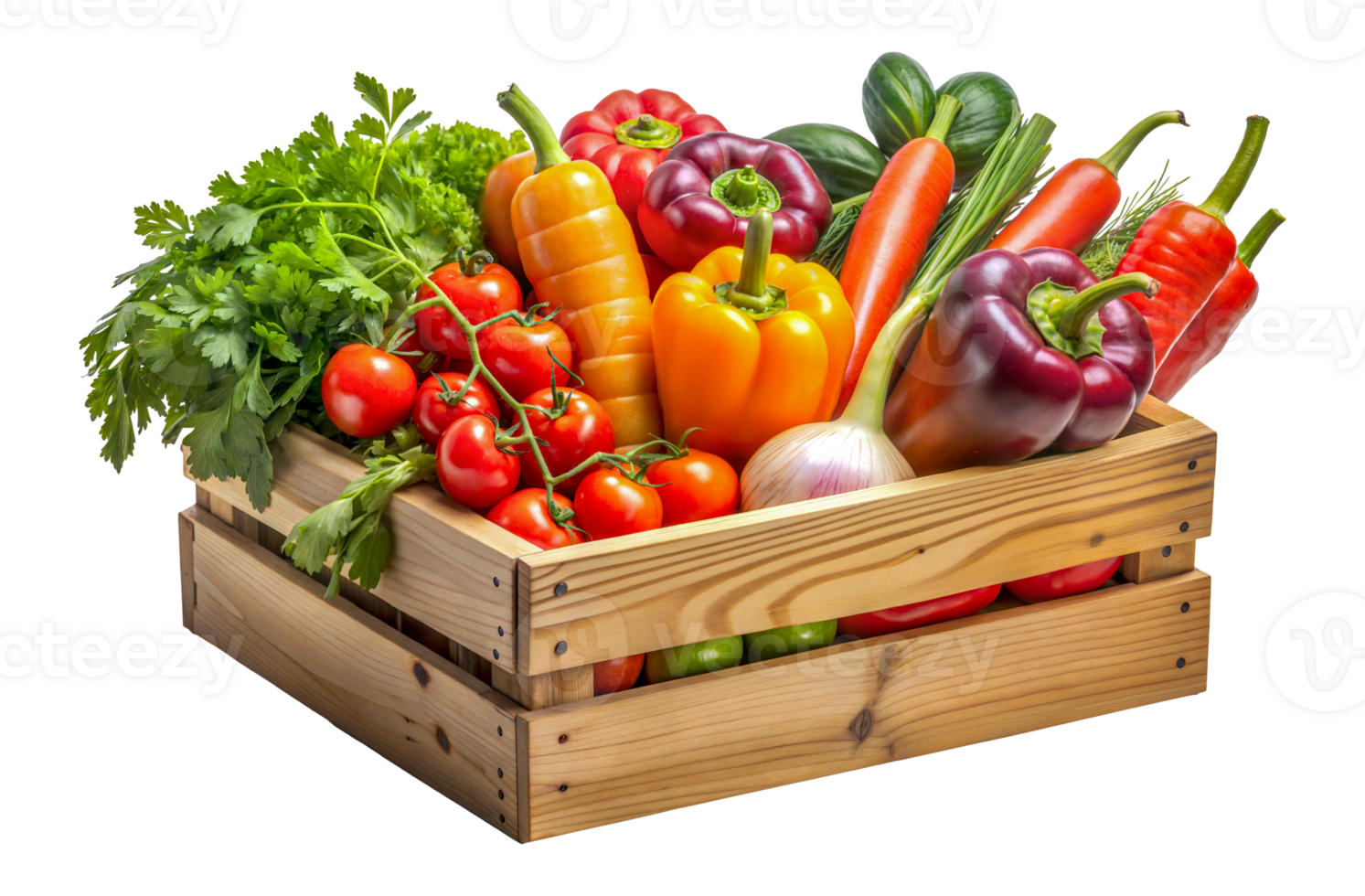 Colorful veggies in a wooden crate, cut out png