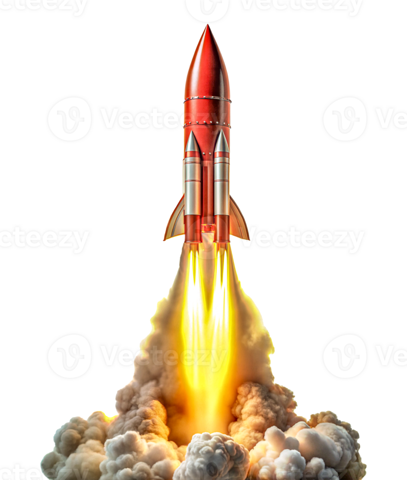 Rocket launch with bright flames and smoke, cut out png