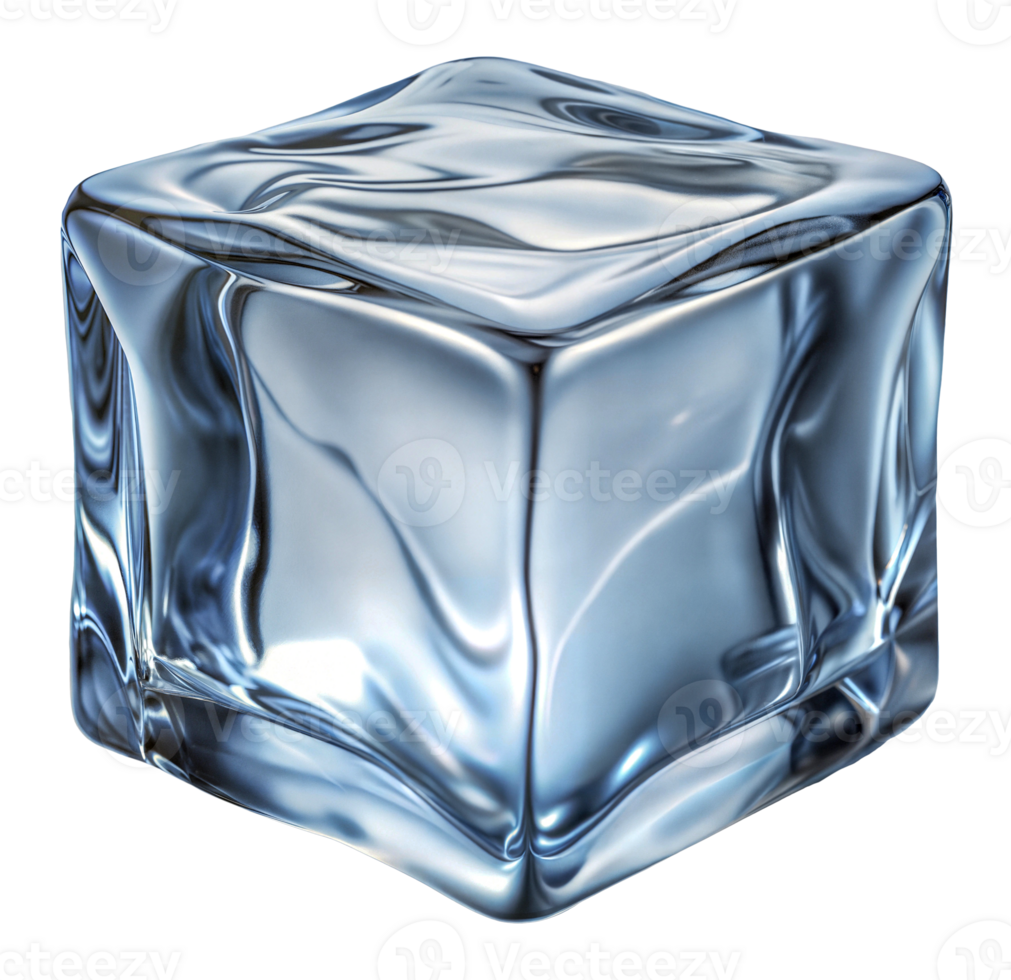 Clear ice cube glimmering under bright light, cut out png
