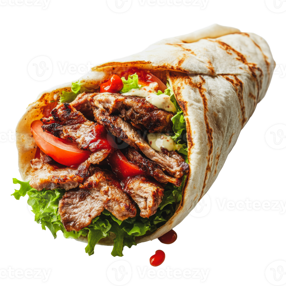 Grilled meat wrap with fresh vegetables and sauce png