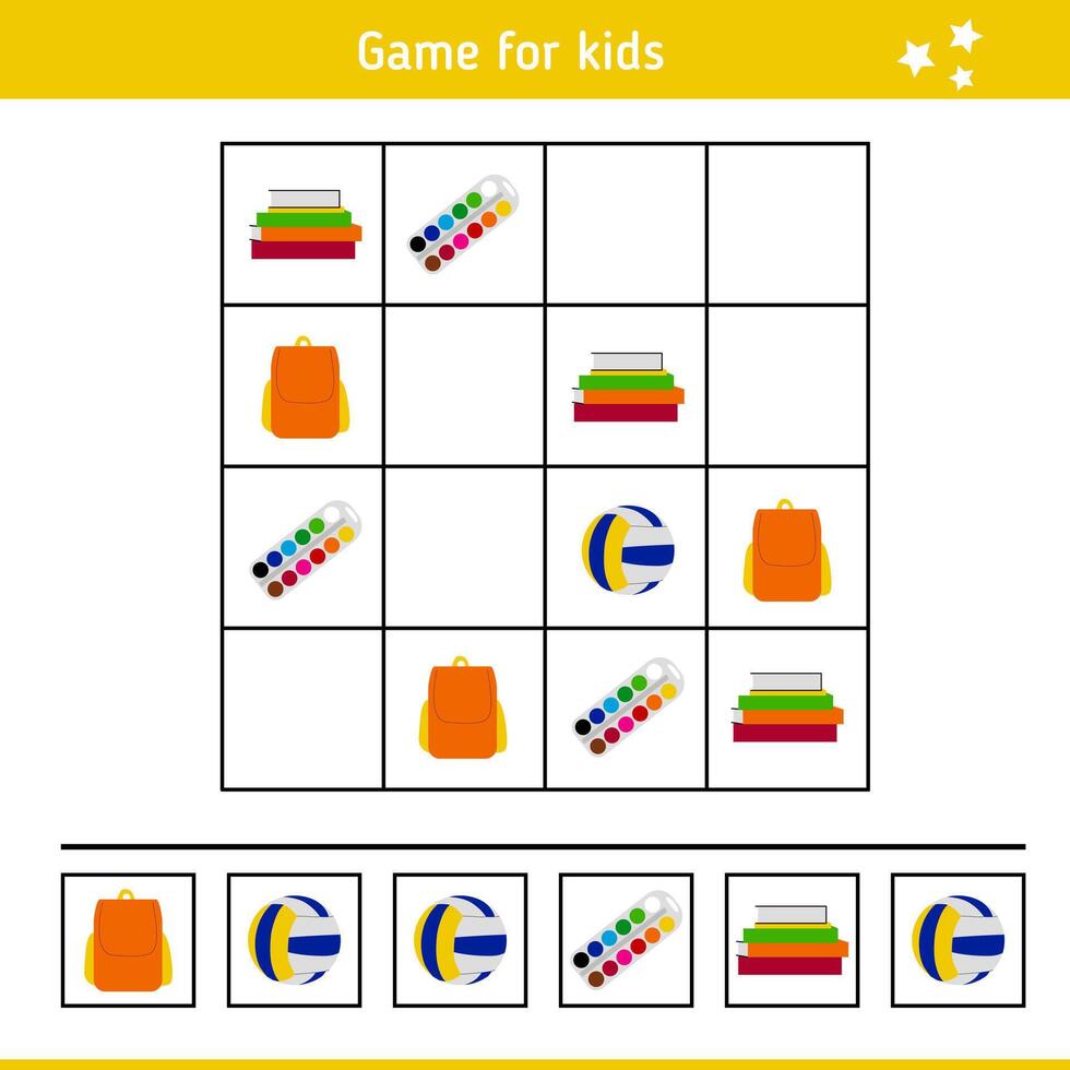 Sudoku with School Supplies. Children's Educational Game, Logical Task. Riddle, Quiz for Kids vector