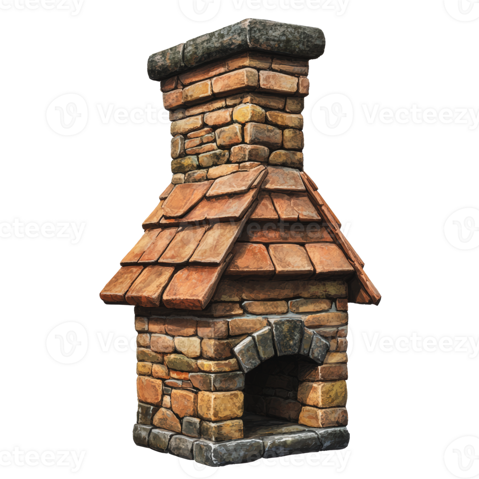 Stone chimney with tiled roof situated in a rustic outdoor setting on a sunny day png