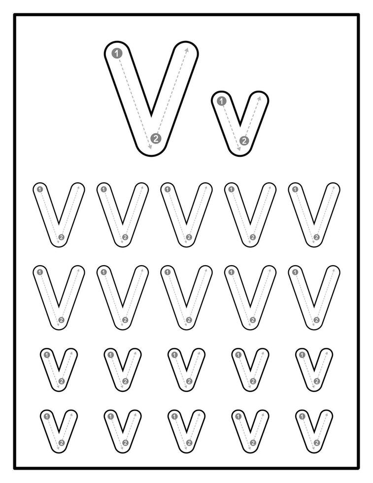 Alphabet Tracing Worksheets for Kids With Uppercase and Lowercase Letter Practice Pages Letter V vector