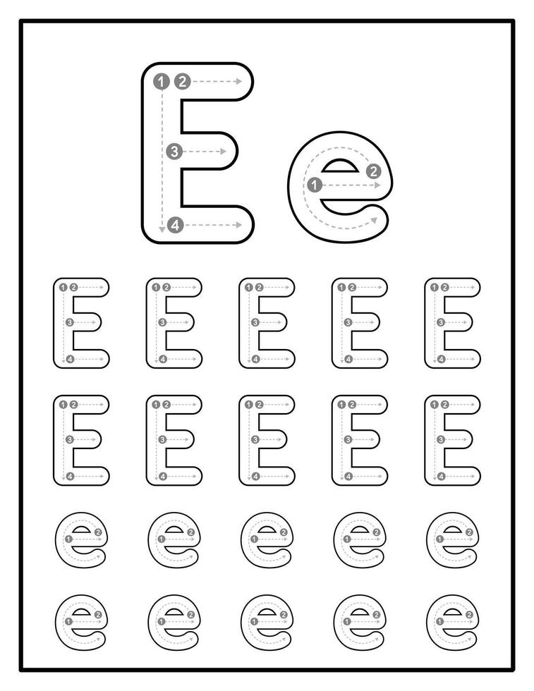 Alphabet Tracing Worksheets for Kids With Uppercase and Lowercase Letter Practice Pages Letter E vector